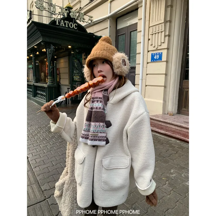 奶酪羊羔 可爱软糯牛角扣加厚内里麂皮绒外套保暖厚棉衣