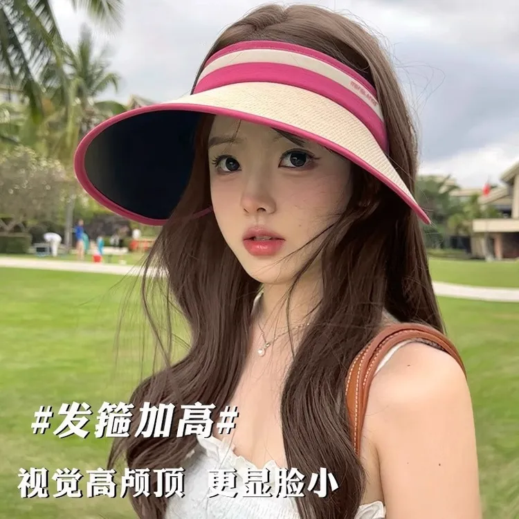 防晒帽女夏天防紫外线骑车2025空顶遮阳沙滩草帽黑胶太阳帽子uv