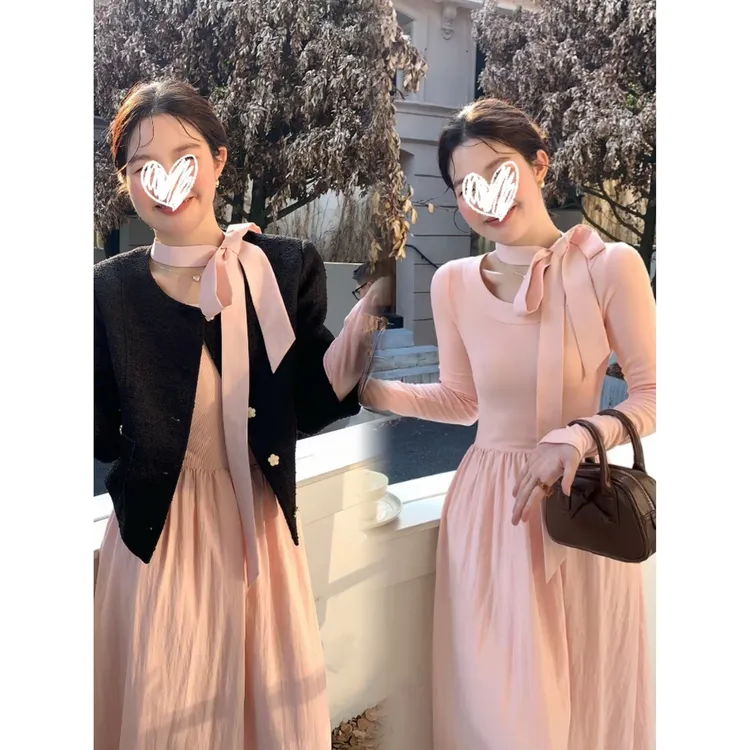 韩系气质百搭法式温柔粉色长袖连衣裙子女装夏季新款高腰显瘦长裙