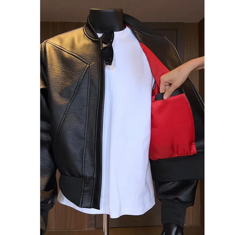 黑色美式pu皮衣外套男短款秋季高级感痞帅boxy机车夹克红内棒球服