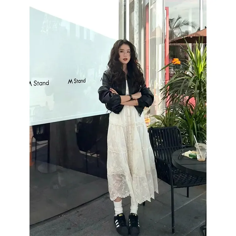 法式温柔风无袖拼接蕾丝吊带连衣裙女气质高级感宽松长袖皮衣外套
