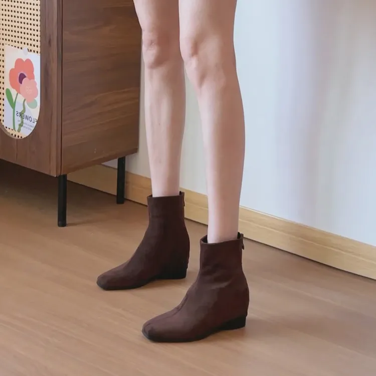 小个子内增高瘦瘦靴法式方头复古绒面粗跟短靴后拉链低跟不累脚