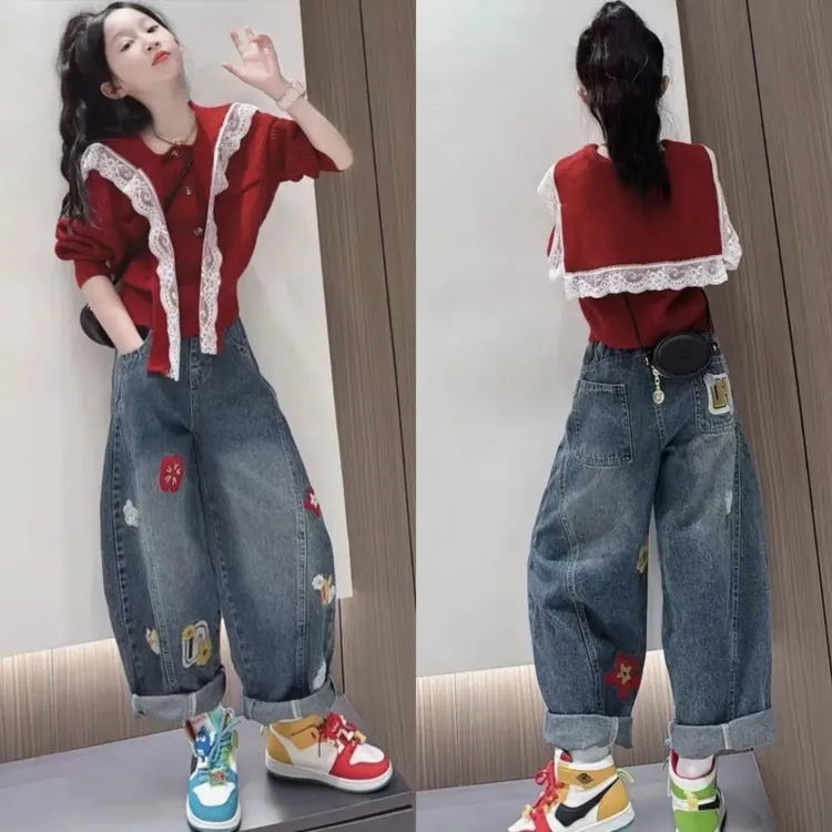 女童秋装套装2025新款儿童时尚蕾丝拼接披肩毛衣宽松牛仔裤两件套