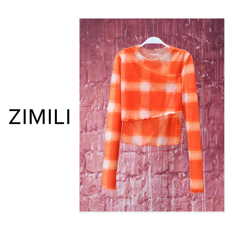 【亮哥女装】2025欧版新品《橘树》爱玛橙格纹高弹网纱上衣6523-K7