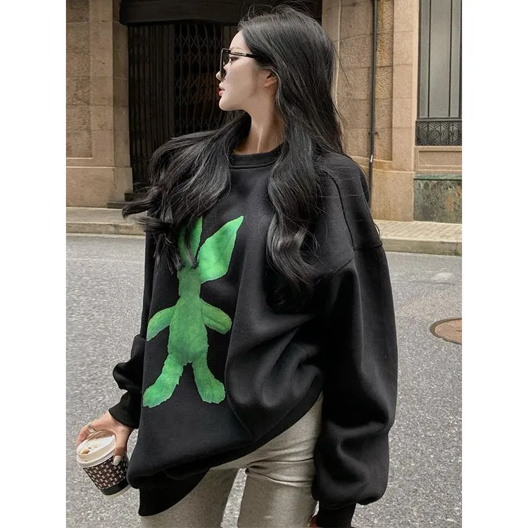 2025早秋冬新款中长款宽松卫衣女慵懒风加厚设计感小众遮屁股上衣