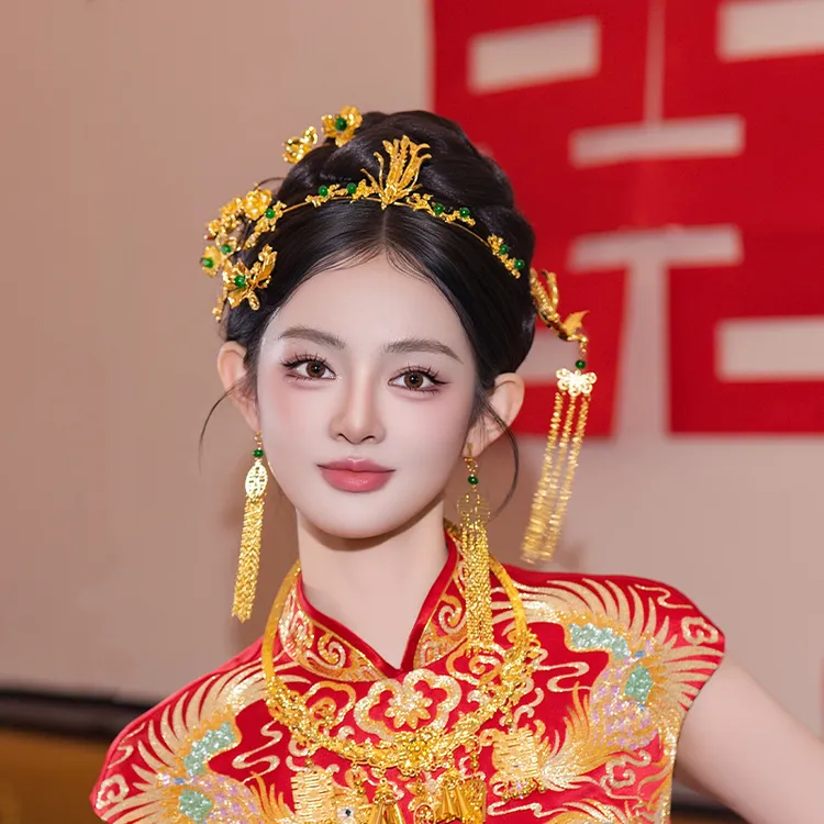 合金婚庆饰品 复古新娘头饰金绿色中式婚礼秀禾服跟妆配饰MT0242