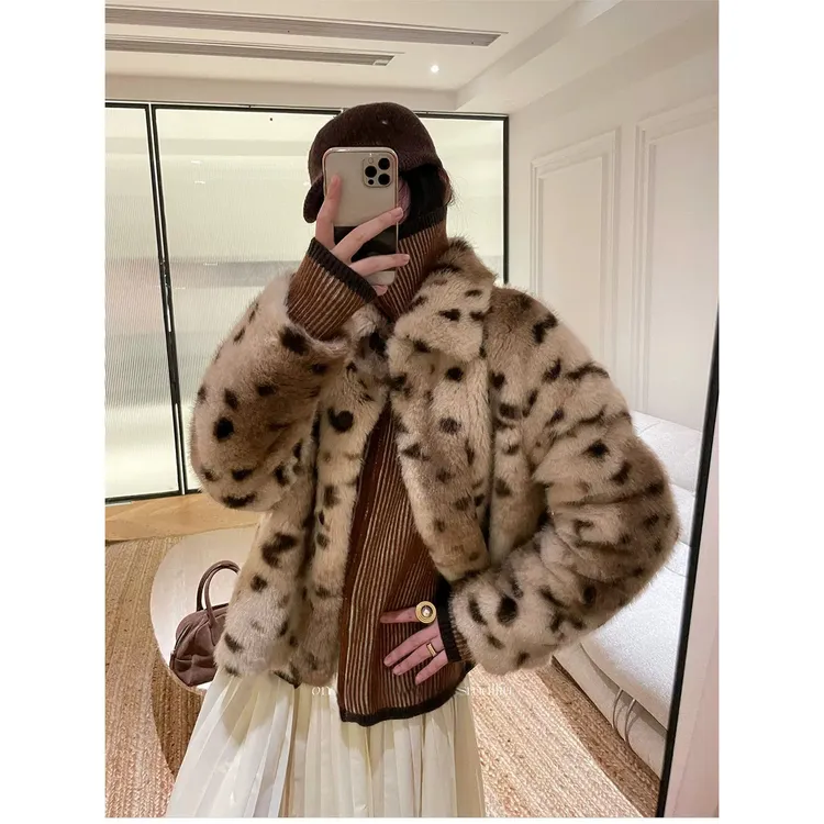 她热 金钱豹 豹纹花色复古设计感立领短款环保皮草外套