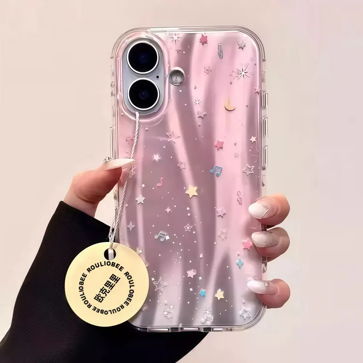 粉色鎏金星星音符适用苹果16/15promax手机壳13/14流星纹12/11套