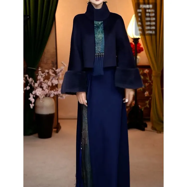时尚中式改良套装2026冬季新款复古国风宽松遮肉立领外套+连衣裙