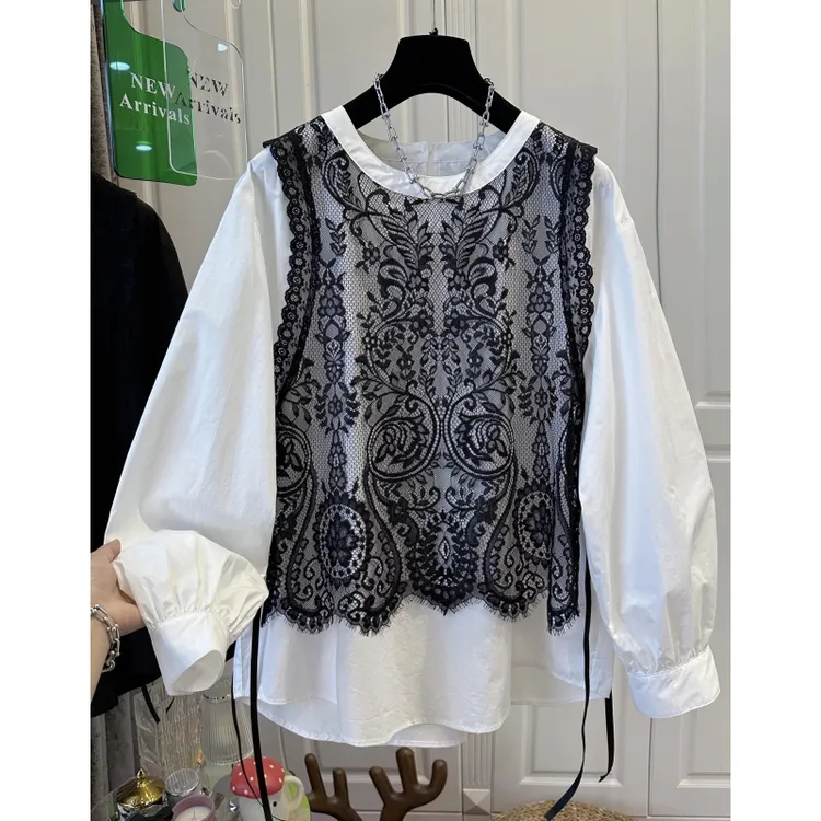 两件套蕾丝马甲叠穿经典衬衣女衬衫圆领宽松时尚轻薄2025春季新款