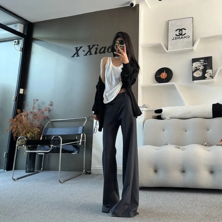 设计师款低腰微喇窄版阔腿长裤子西装裤秋季免烫女拖地裤拉链显瘦