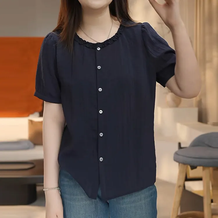 法式木耳边圆领褶皱衬衫女夏季新款小众减龄遮肉泡泡袖百搭小衫女