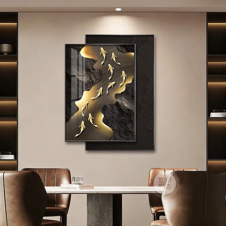 现代轻奢餐厅装饰画高级感九鱼图餐桌背景墙挂画大气饭厅叠加壁画
