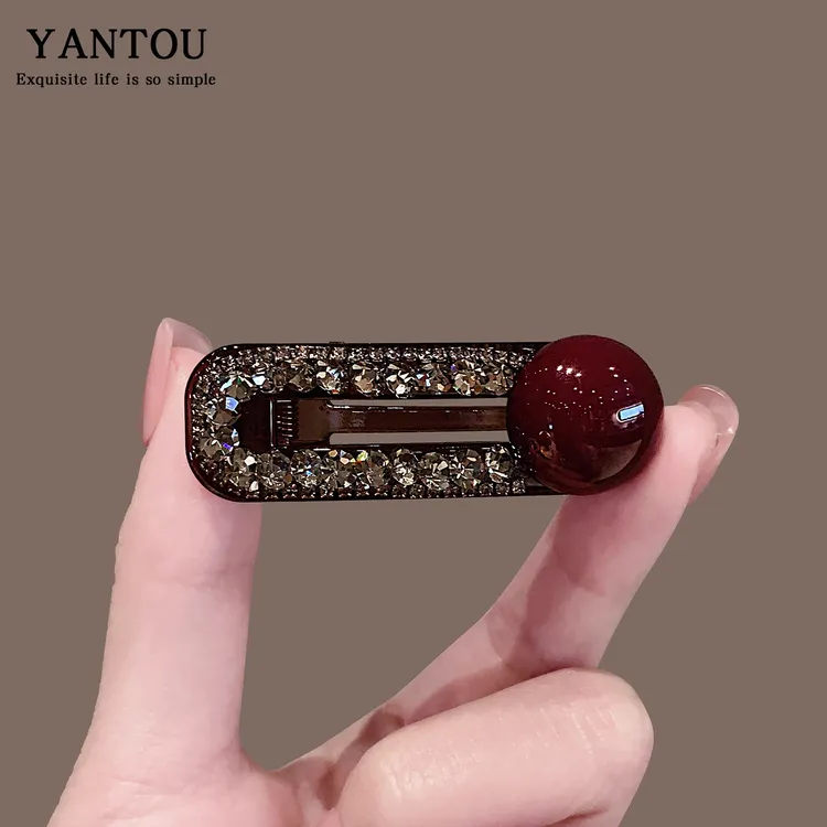 韩国东大门小发夹水钻圆珠压夹刘海夹高级感红色侧边夹碎发鸭嘴夹