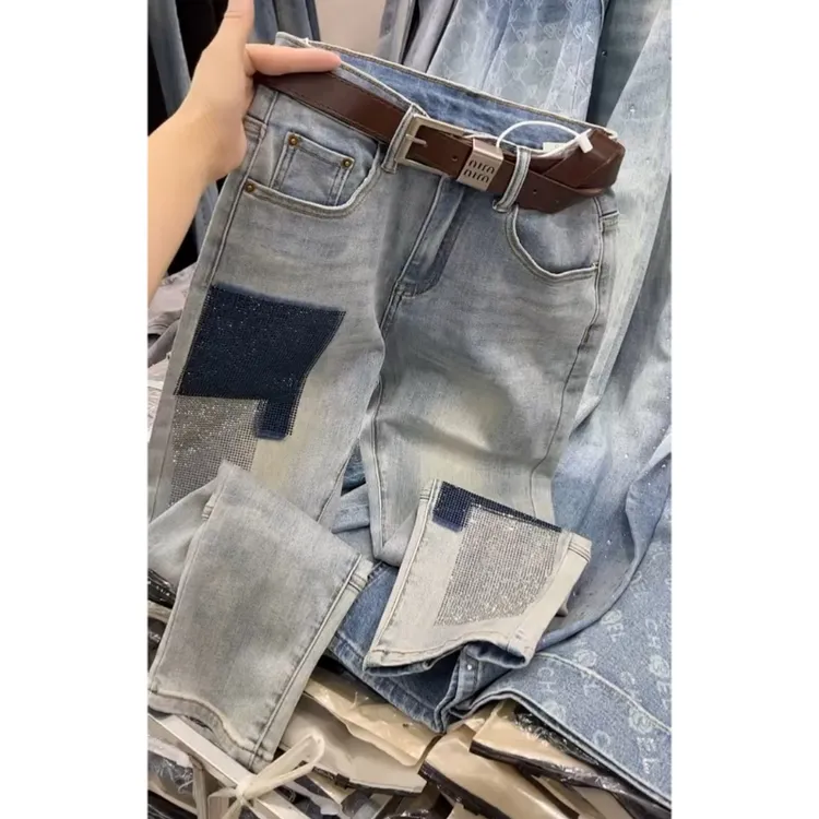 Aimeerosa/艾洛莎牛仔裤高腰显瘦八分裤时尚潮流烫钻撞色烟管裤女