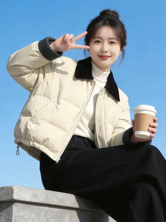 巨好看韩系米白色翻领短款面包服女2026冬季新款加厚保暖气质外套