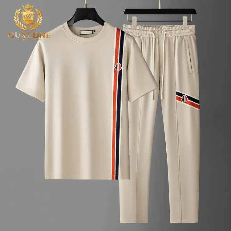 OUXLDNE时尚潮流男装夏季圆领短袖T恤弹力直筒松紧腰长裤运动套装