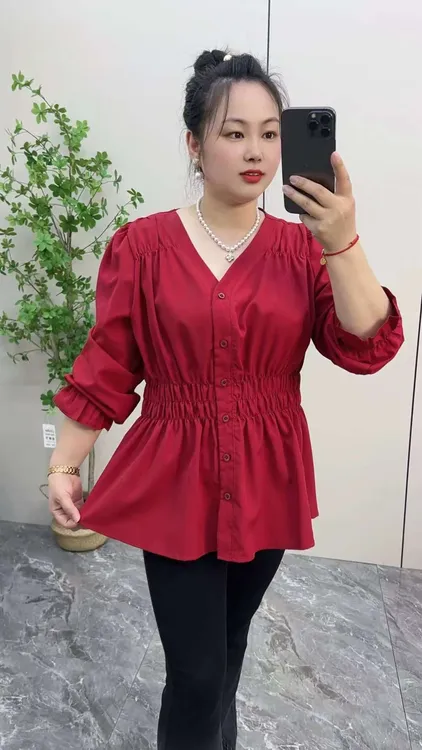 大码女装秋季新款时尚衬衫韩版洋气胖妹妹褶皱收腰显瘦长袖上衣潮