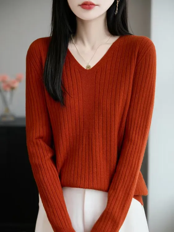 NJR214~秋冬季新款外穿内搭安迪绒V领坑条长袖针织衫