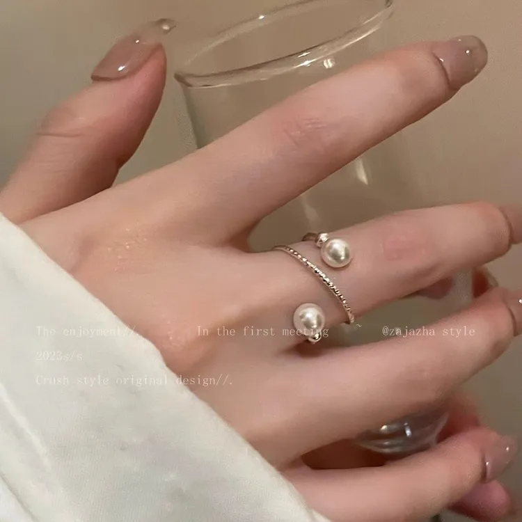 合金仿珍珠戒指 多层缠绕仿珍珠戒指女叠带小众设计高级简约开口