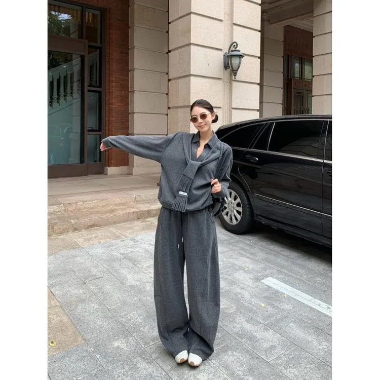 时尚套装休闲运动围巾卫衣显瘦高腰休闲裤宽松两件套S1117#灰色