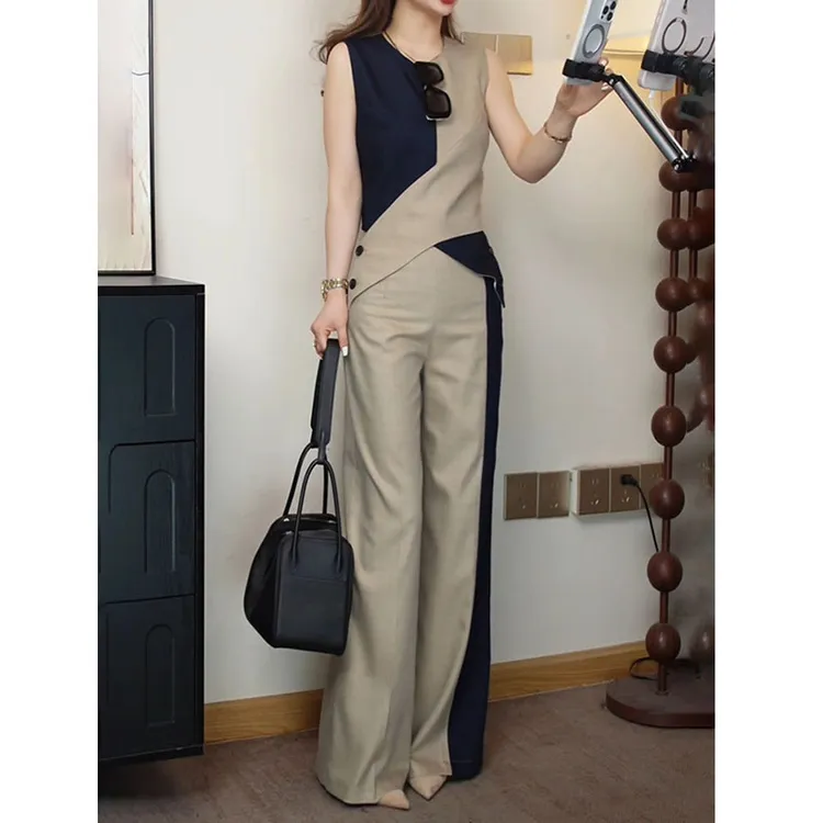 女神范两件套2025夏季新款砍袖交叉系扣上衣+高腰阔腿裤拼色套装