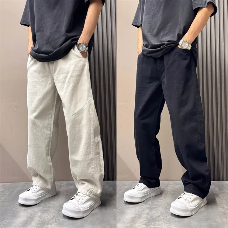 秋季新款高级感纯色百搭休闲直筒裤美式潮流阔腿裤休闲弯刀男裤