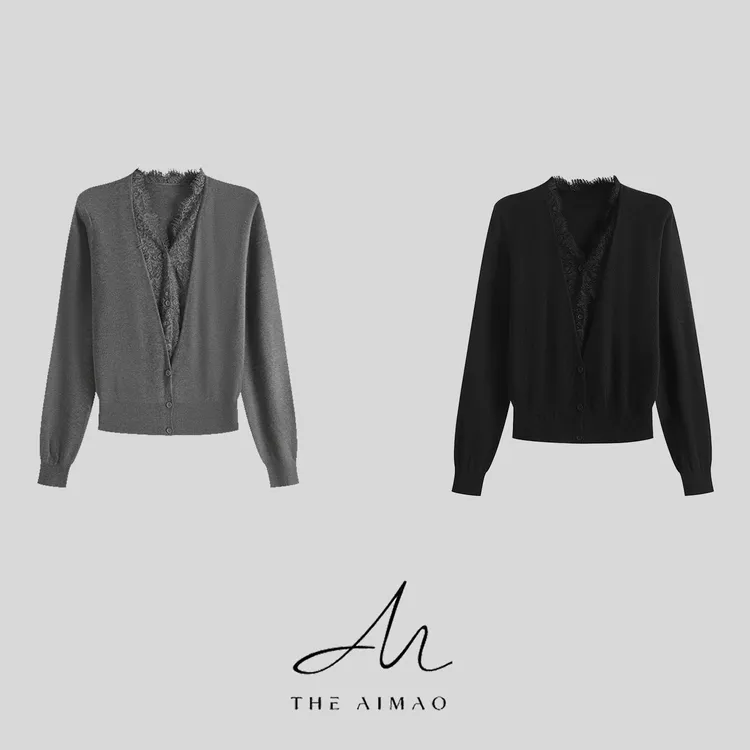 【THE AIMAO】“缪斯女神”真丝羊绒拼接水溶蕾丝双层羊毛衫XYX82714