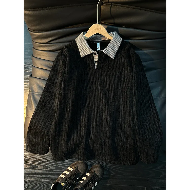 美式千鸟格鱼骨纹polo衫男款秋冬季加绒加厚翻领卫衣打底长袖t恤