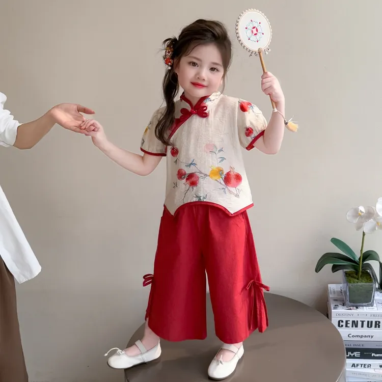 女童洋气中式夏季薄款短袖套装女宝宝2025新款国风汉服两件套夏天
