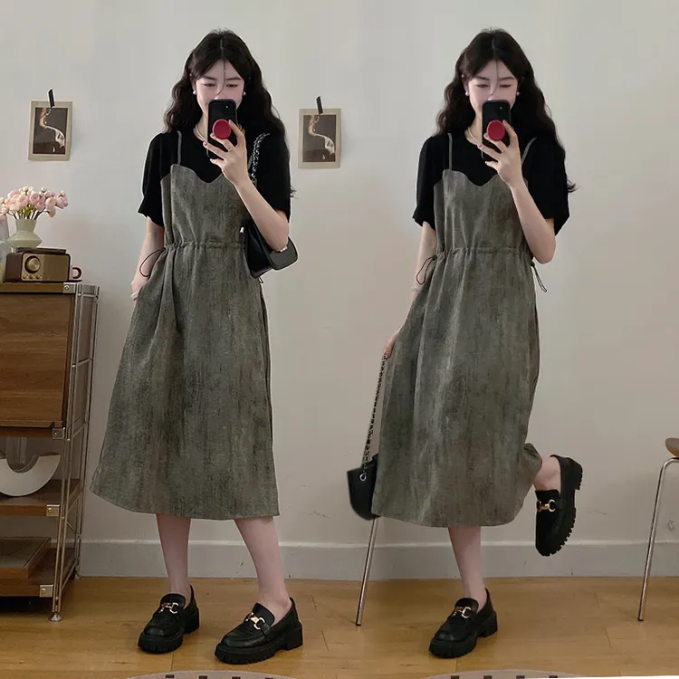 大码2025夏季新款小众设计感拼接气质假两件收腰显瘦气质连衣裙