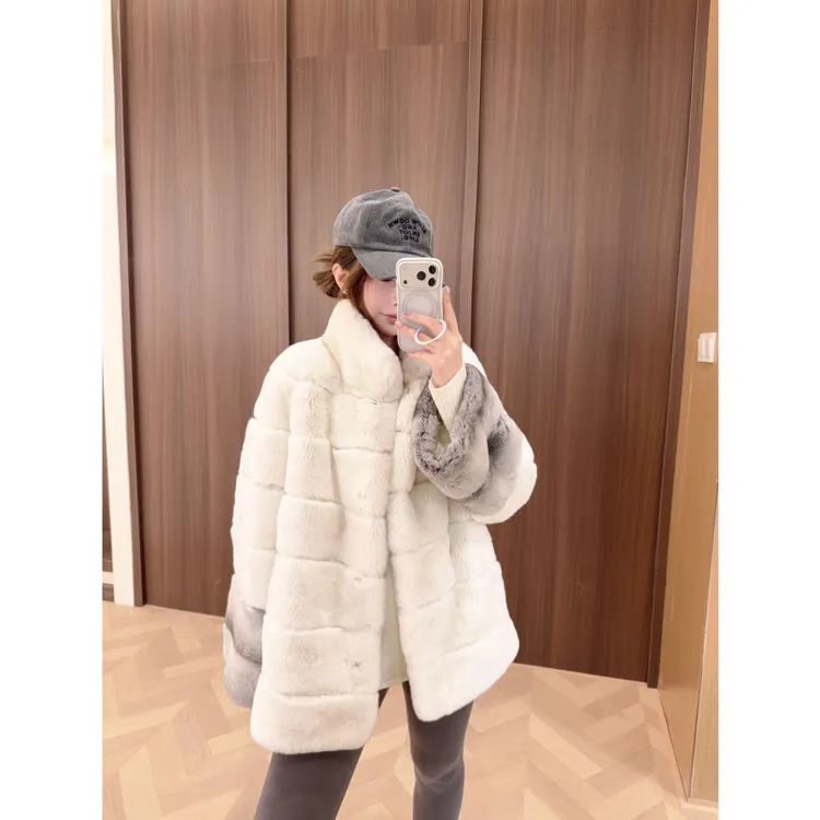 QIXIAOYAO.皮草丝绒青紫蓝兔皮毛一体皮草外套冬季新#YTSDK25T108