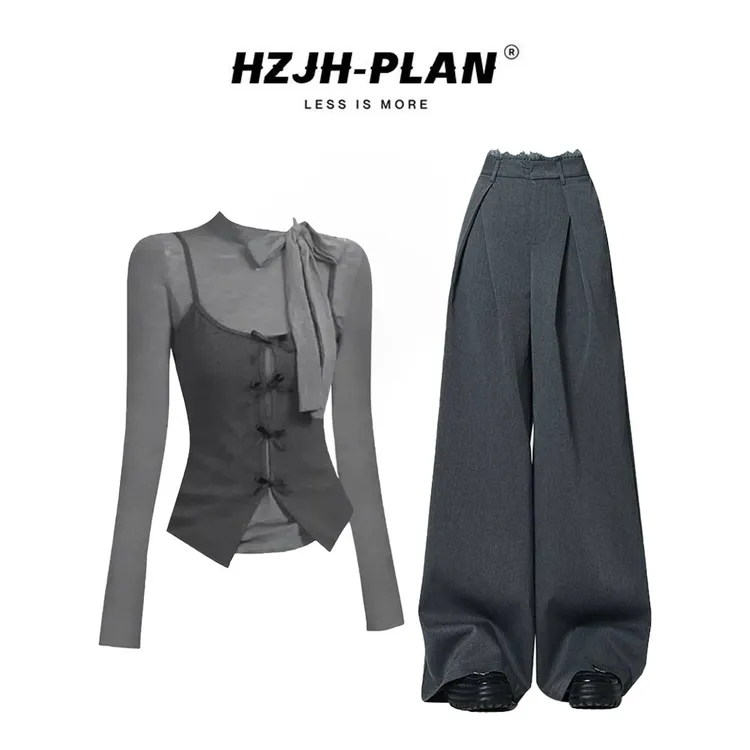 【现货秒发】韩系高级感灰色假两件长袖上衣女秋季百搭休闲裤两件套