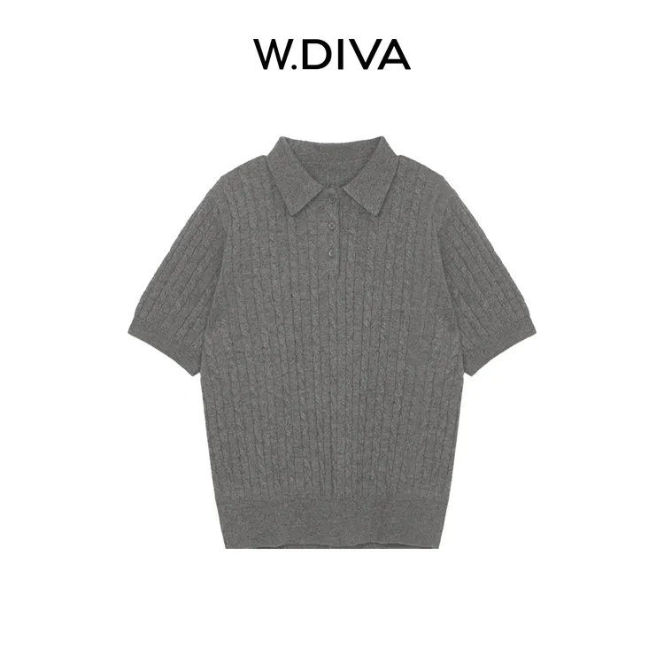 W.Diva【闲士罗纹】羊毛羊绒POLO针织衫绞花暗门襟短袖女53Z262872