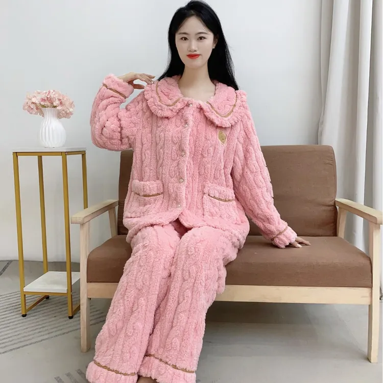2025新款法兰绒睡衣女秋冬季加厚毛绒保暖冬天甜美家居服套装Y91