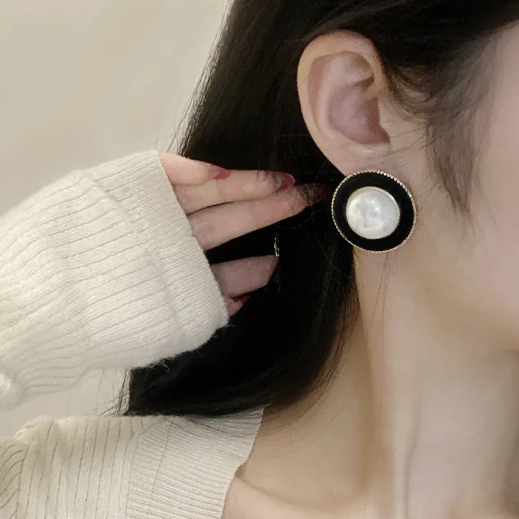 钟楚曦同款复古vintage感珍珠耳环几何圆形黑色耳钉