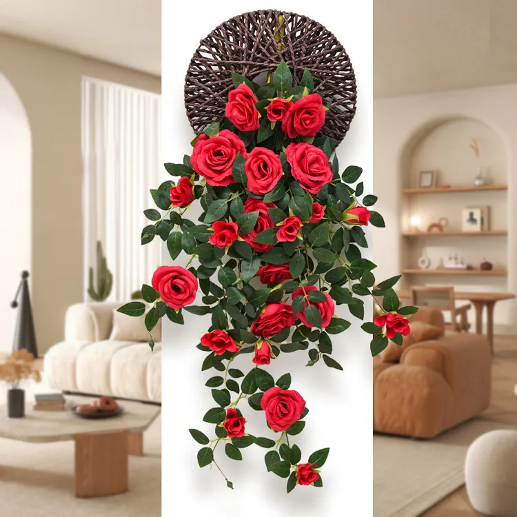 【送圆盘】仿真玫瑰花假花藤条壁挂塑料花客厅室内空调管道遮挡装饰