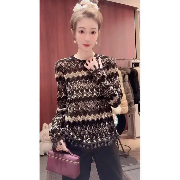 DEDM•STUDIO/气质复古设计感条纹圆领流苏长袖上衣2508CS/52X213