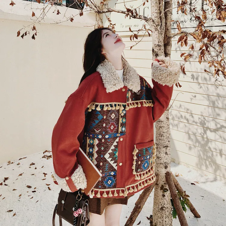 民族风羊羔毛拼接内里加棉派克棉服女冬2025新款独特气质保暖外套