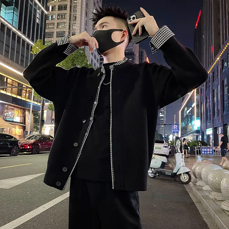 双层领格纹拼接设计感假两件针织外套男款春秋季痞帅潮牌开衫毛衣