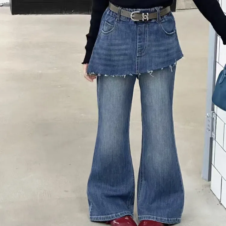 女童春秋牛仔裤2025新款儿童洋气女宝秋季拼接假两件微喇裤两件套