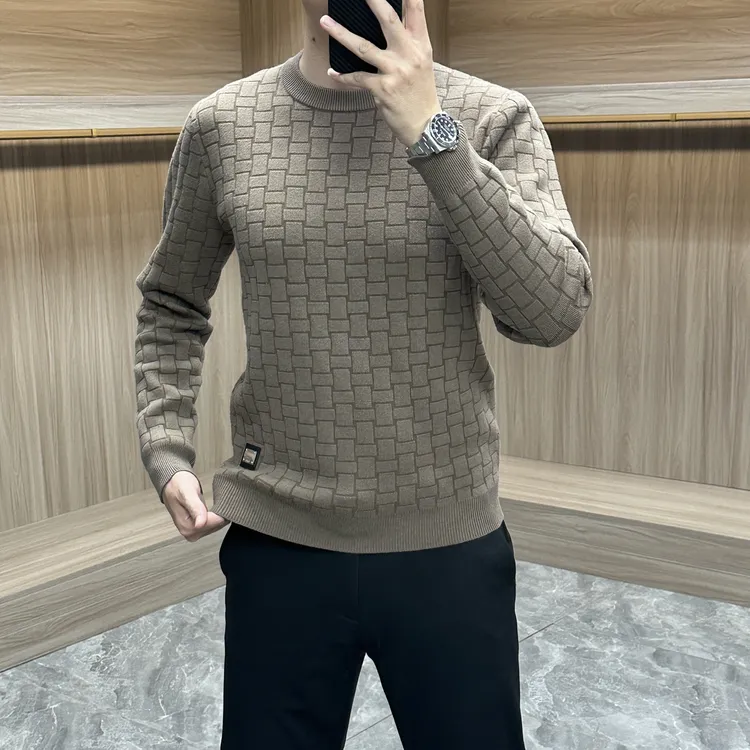 冬季轻奢针织衫男士方格毛衣打底衫休闲圆领加厚重磅保暖修身百搭