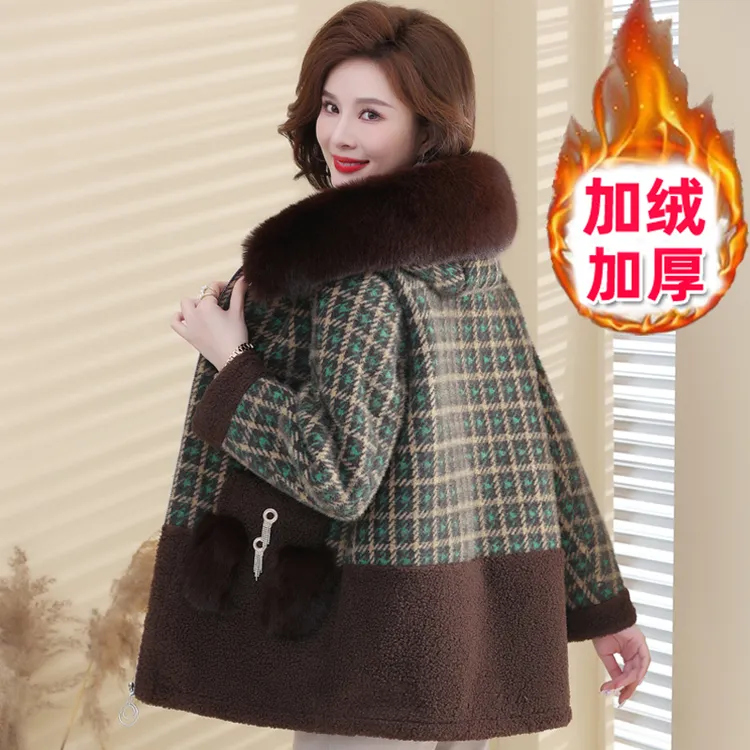 中年妈妈冬装加绒加厚格子毛呢外套时尚洋气秋冬季中老年女装大衣