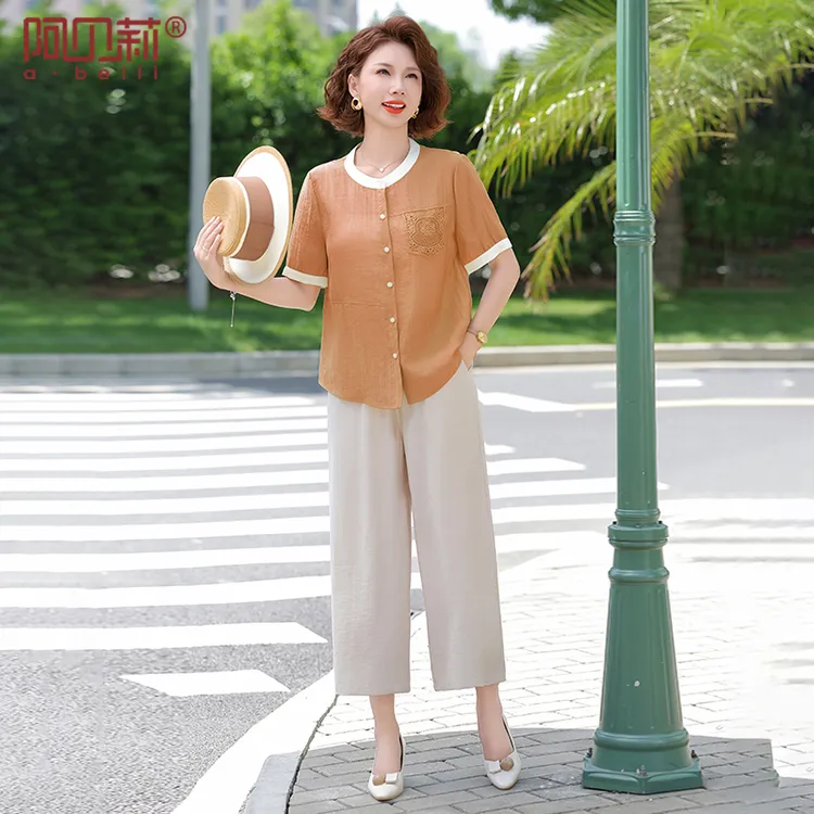 洋气妈妈夏装薄款两件套新款五十岁纯色短袖T恤女中年时尚薄套装