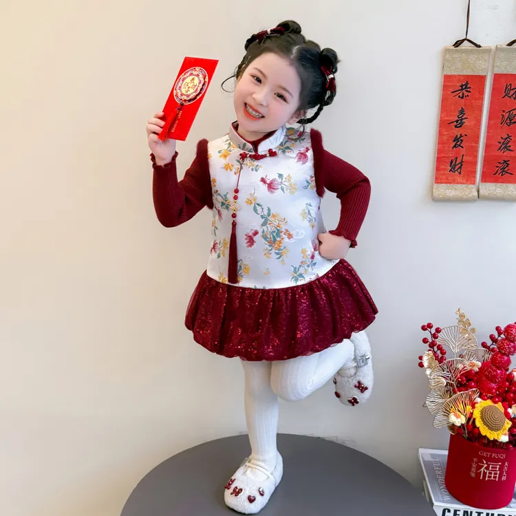 女童新中式旗袍裙套装冬季2025新款儿童古风背心裙女宝宝年服裙子