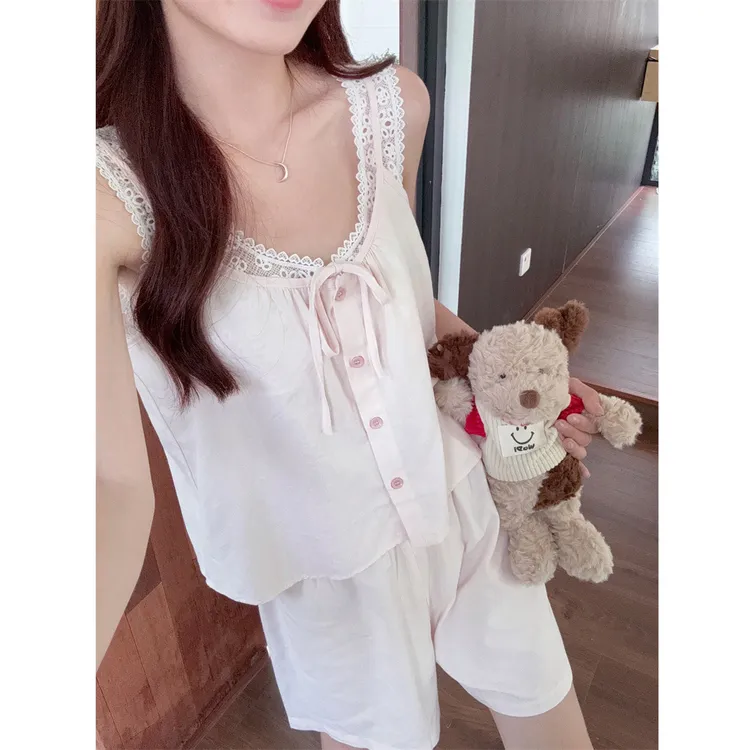 夏天小个子纯棉短袖睡衣女夏季甜美可爱新款宽松吊带家居服两件套