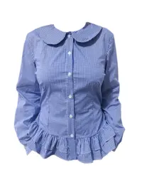 Amy家 微胖mm韩系娃娃领长袖格子衬衫女秋季设计感绑带荷叶边上衣