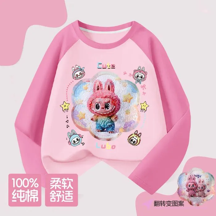 女童拉布布亮片变色长袖T恤春秋儿童纯棉衣服女孩上衣秋装打底衫