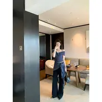 新YEXIAOTING叶小婷 赫本诗篇 扭结一字肩上衣条带休闲长裤套装