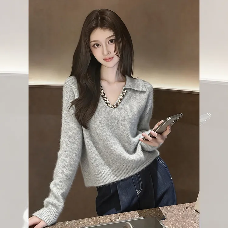 韩系秋冬装别致独特漂亮灰色小衫polo领洋气高贵针织衫翻领上衣女